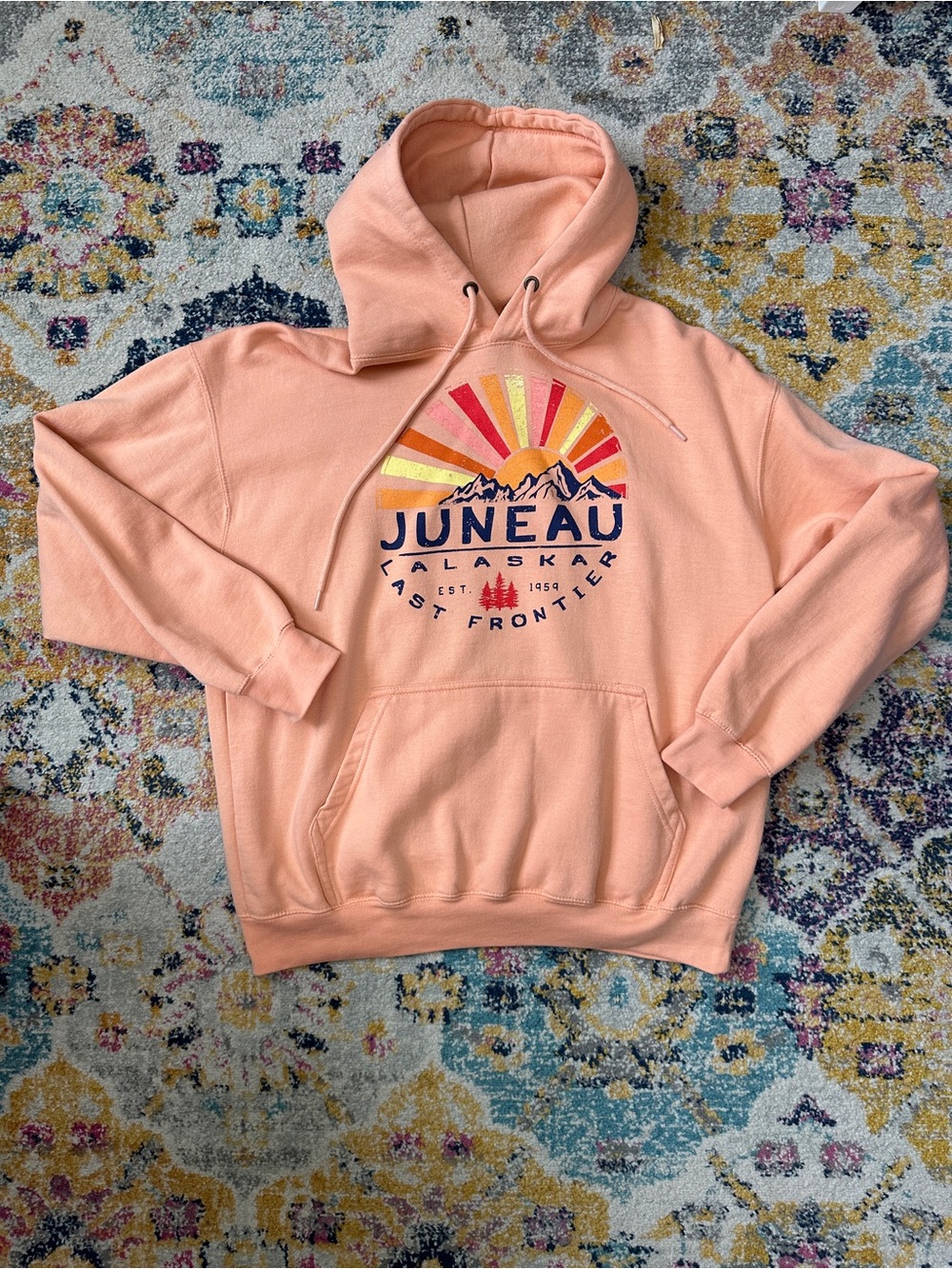 Prairie Mountain Juneau Alaska Hoodie Large Peach Vintage Graphic Sweatshirt